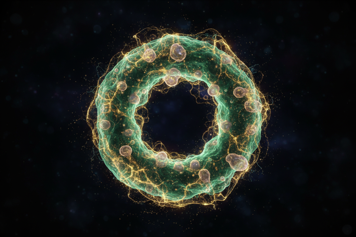 Abstract scientific representation of cellular regeneration cycle. Glowing green and gold particles moving in a circular motion. Microscopic view, biological texture, medical luxury style. Dark background, elegant, high definition. No text.